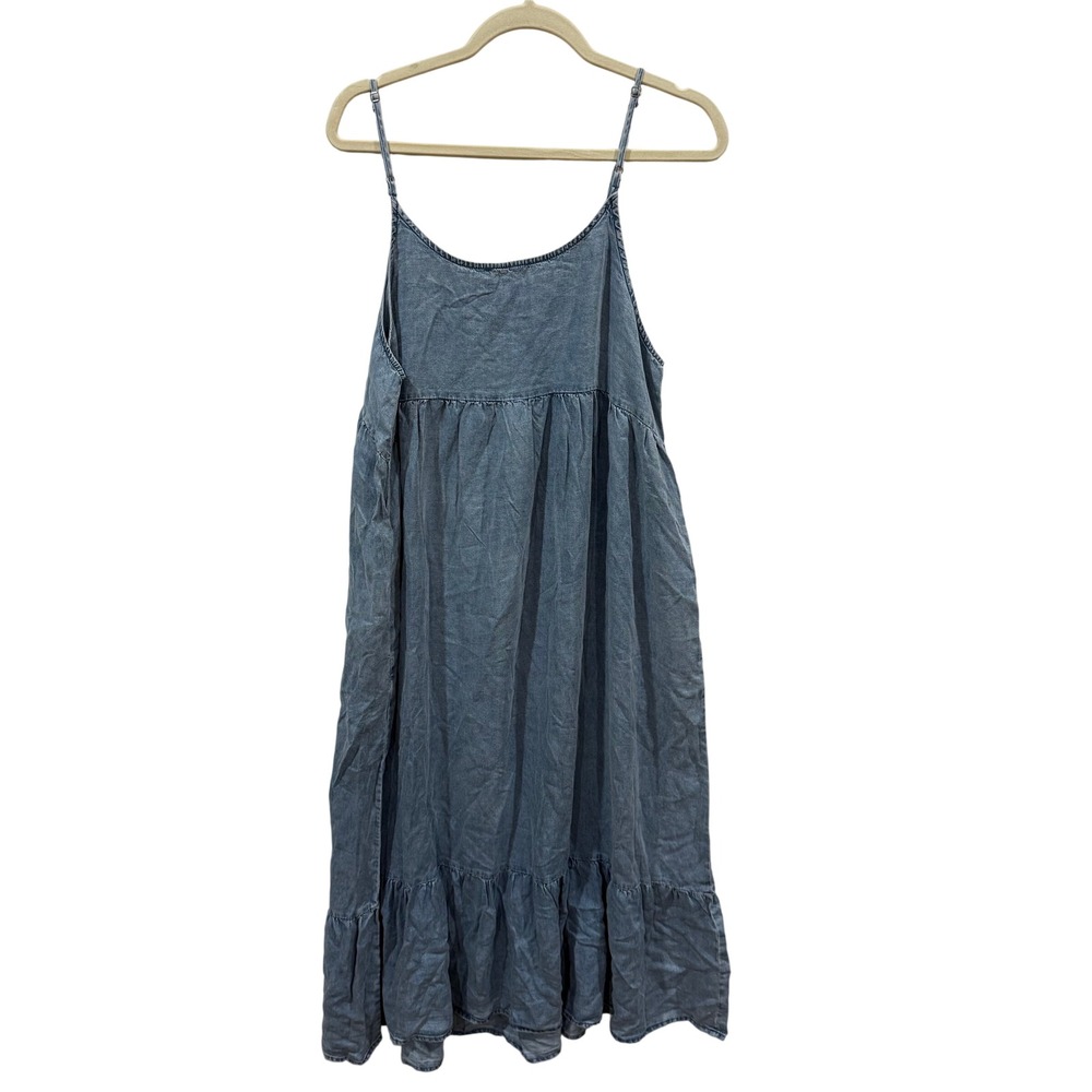 Doe and Rae Blue Tencel Denim Midi Dress Sleeveless Boho Tiered Pockets Large - Picture 2 of 7